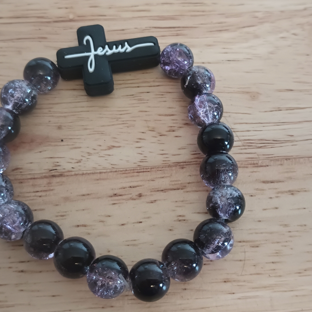 Black and Purple Beaded Bracelet with Cross